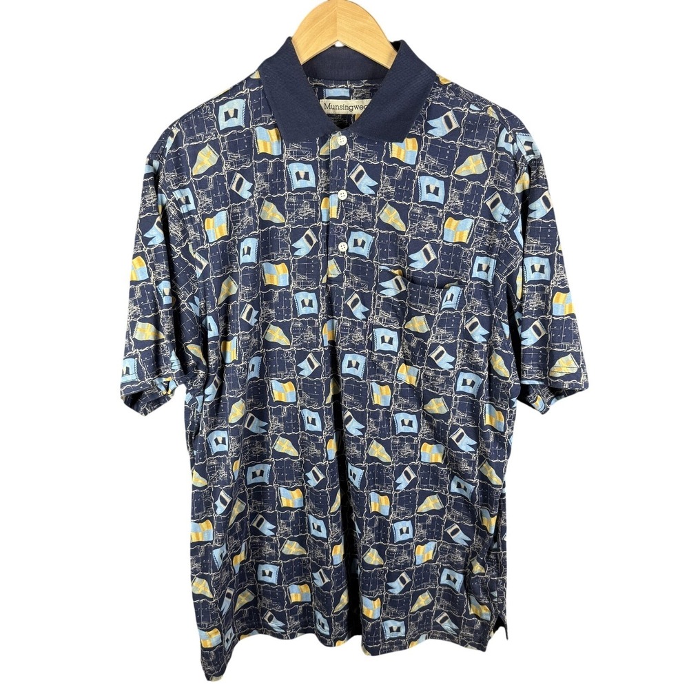 Munsingwear Polo Shirt‎ Mens Large Blue Nautical Flag Map Print Short Sleeve
